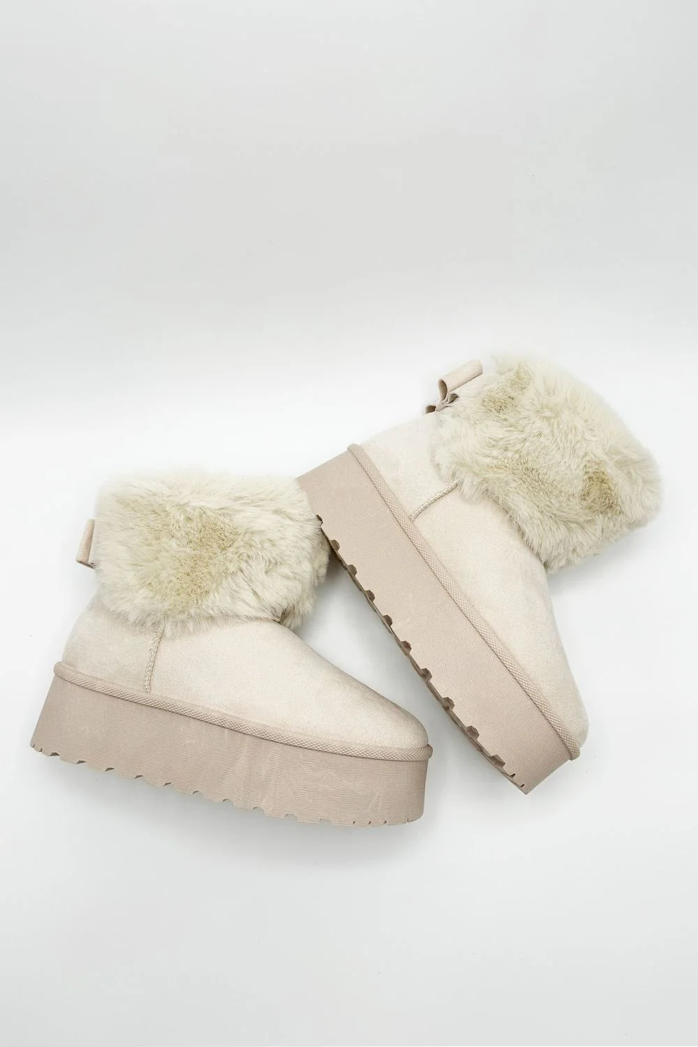 Sonya Faux Fur Flatform Ankle Boots in Beige - Image 4