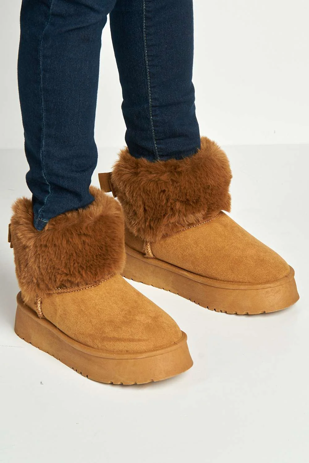 Sonya Faux Fur Flatform Ankle Boots in Camel - Image 2