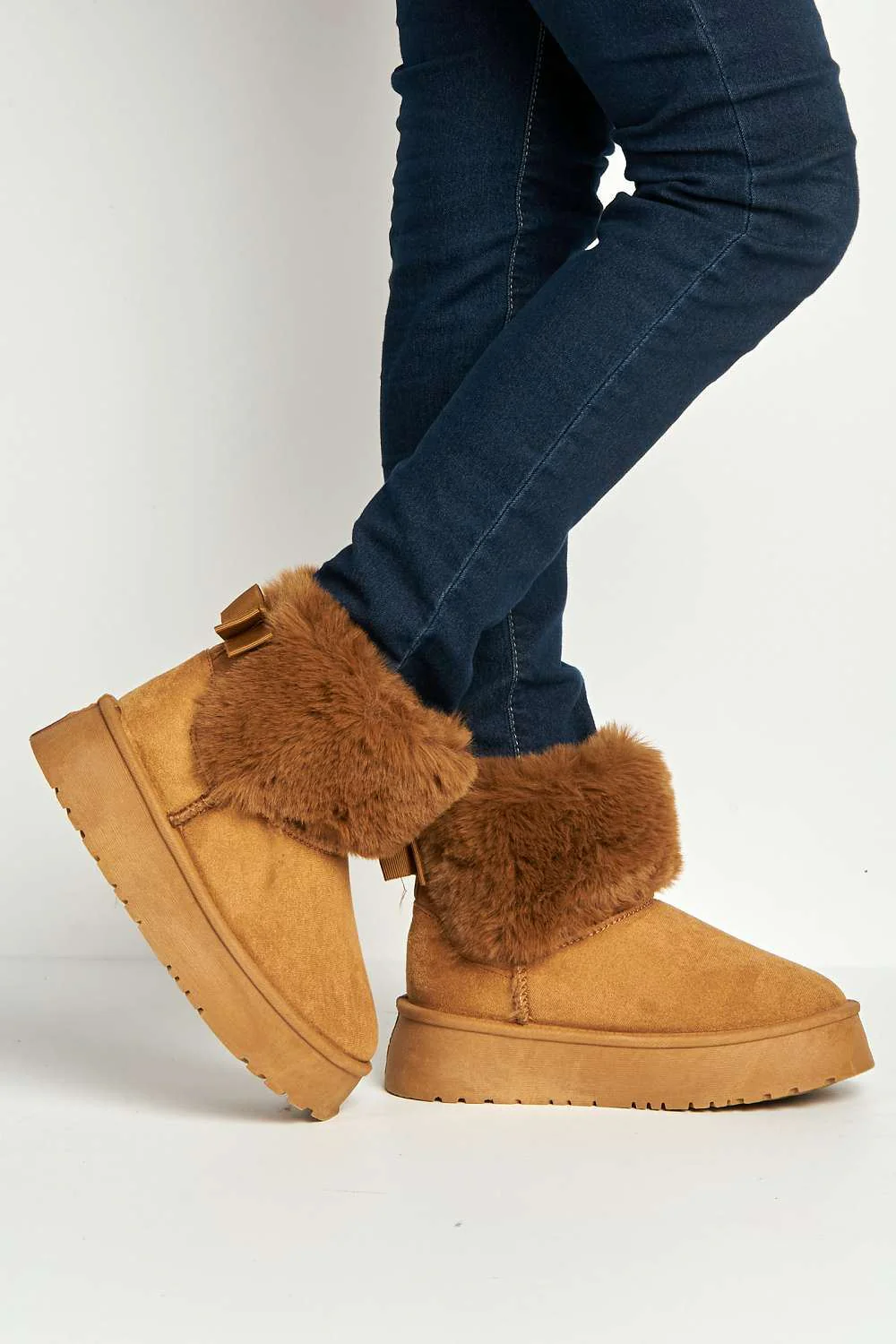 Sonya Faux Fur Flatform Ankle Boots in Camel - Image 3