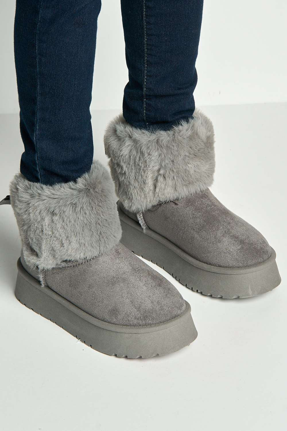 Sonya Faux Fur Flatform Ankle Boots in Grey - Image 2