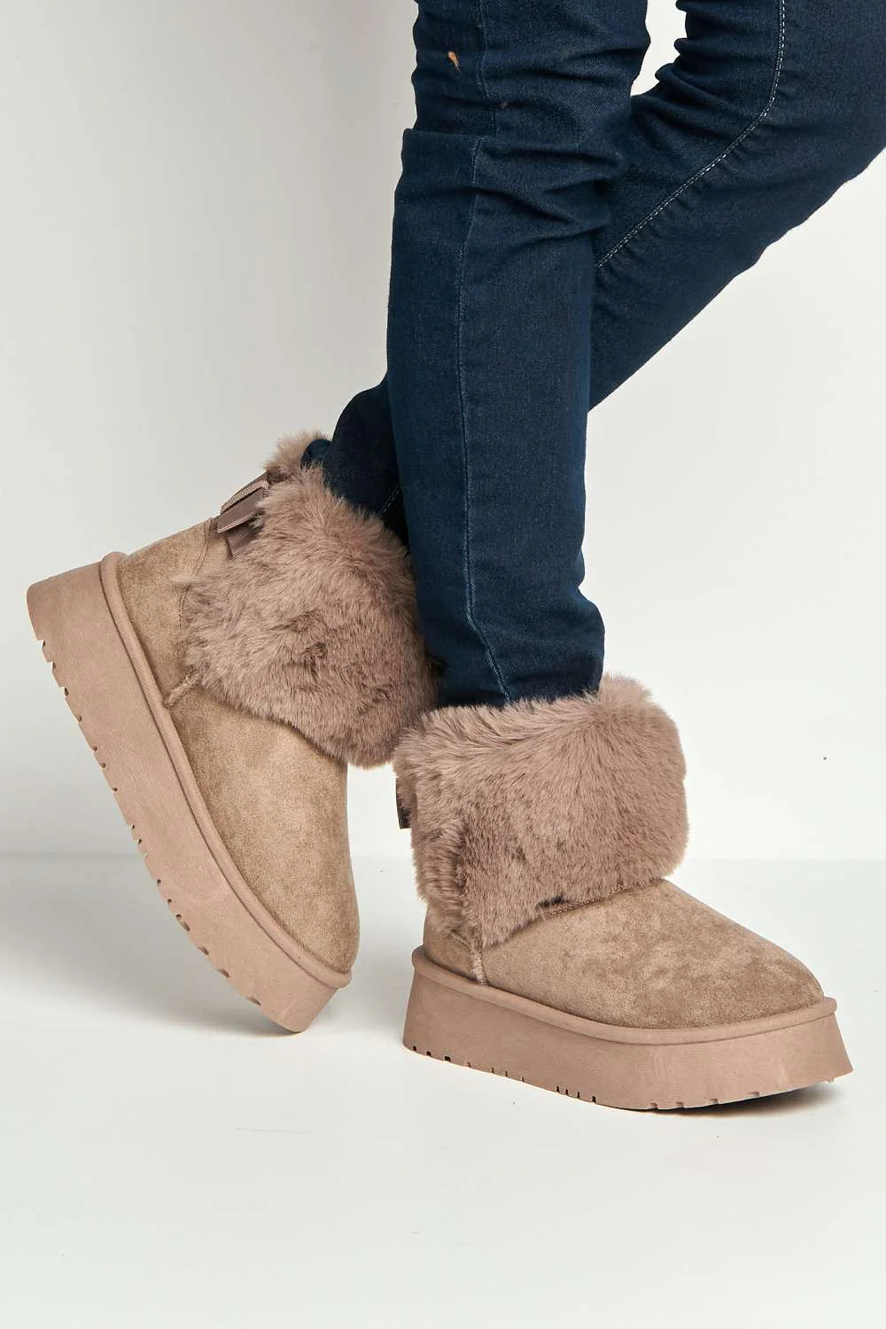 Sonya Faux Fur Flatform Ankle Boots in Mocha