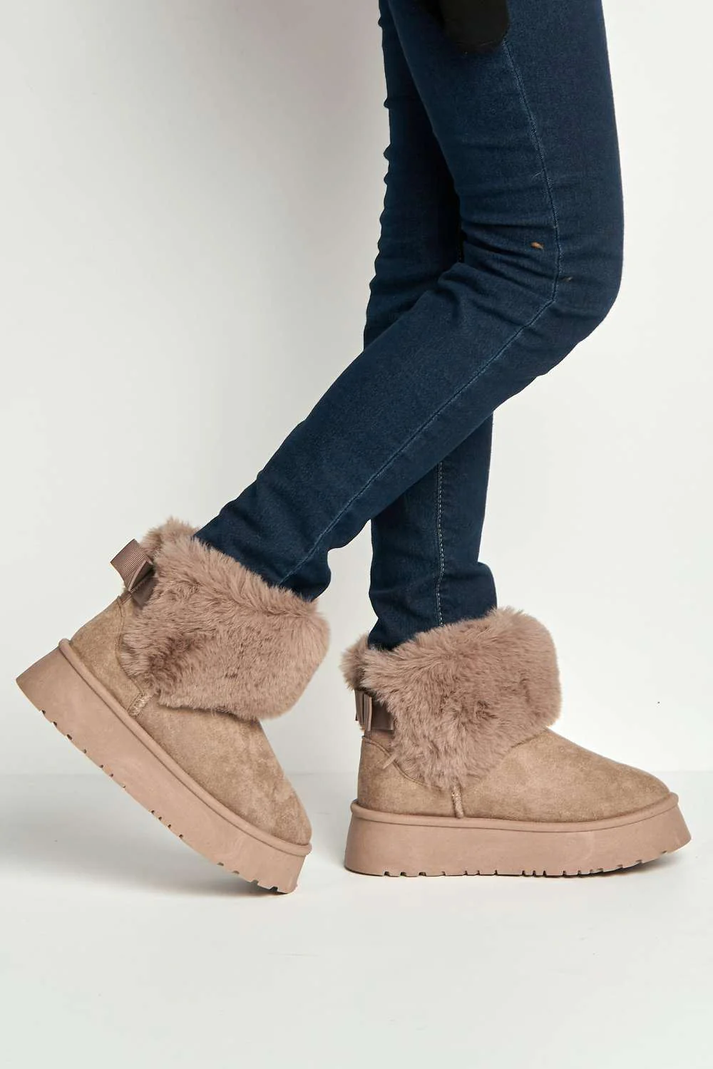 Sonya Faux Fur Flatform Ankle Boots in Mocha - Image 3