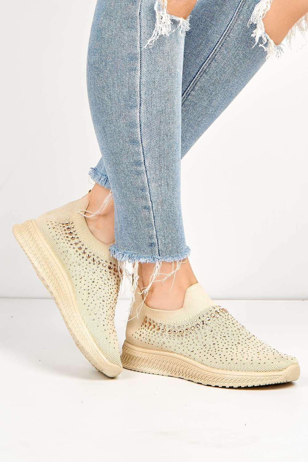 Stilla Diamante Embellished Slip-on Trainer in Beige - Image 3