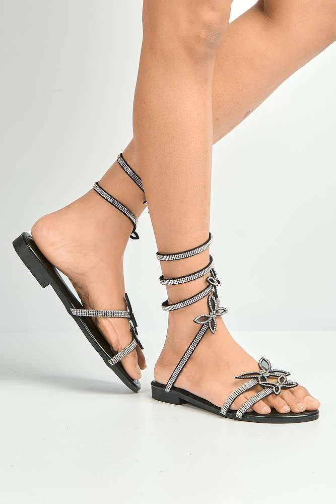 Sylphira Diamante Butterfly Wrap Around Flat Sandals in Black - Image 2