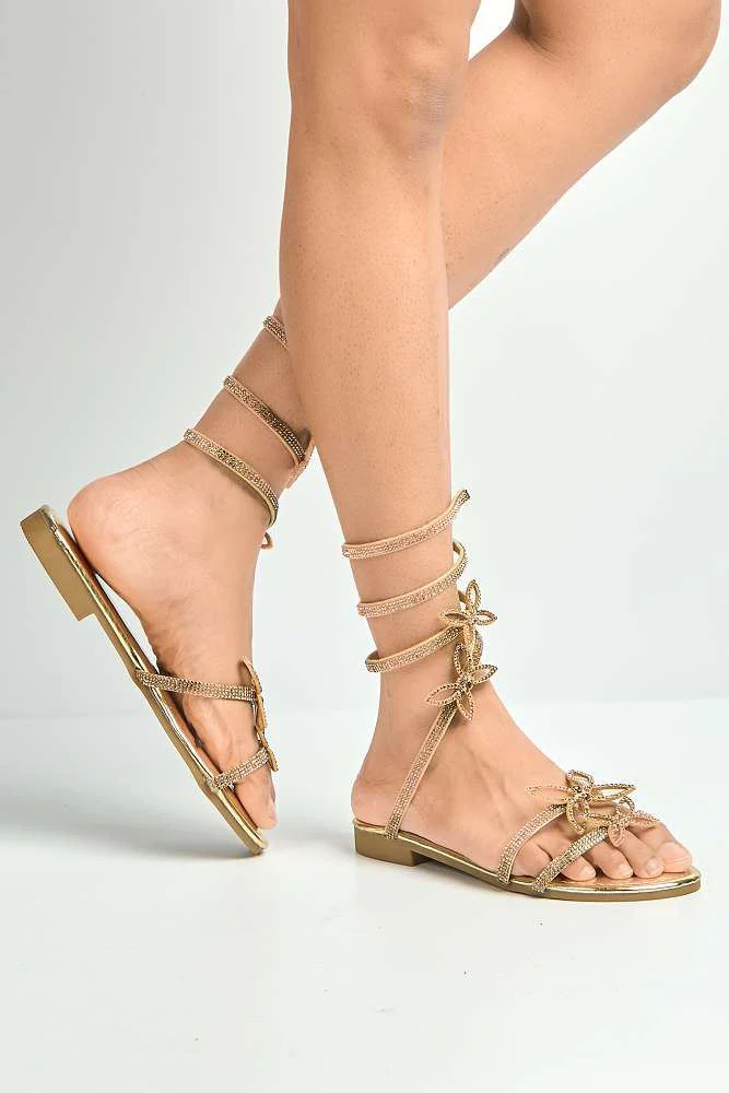 Sylphira Diamante Butterfly Wrap Around Flat Sandals in Gold