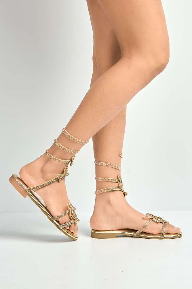 Sylphira Diamante Butterfly Wrap Around Flat Sandals in Gold - Image 3