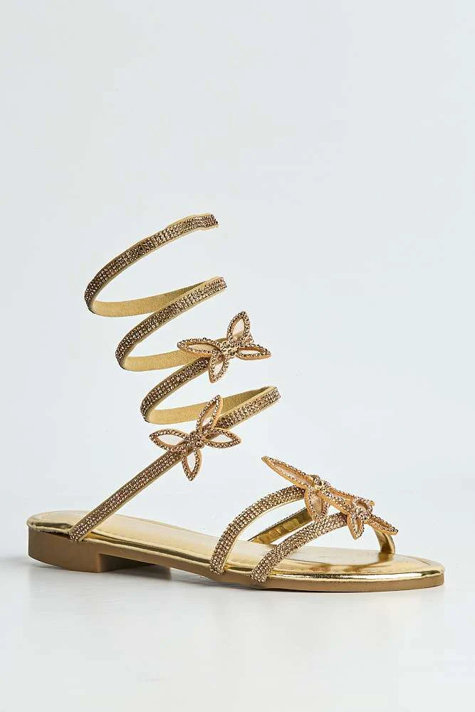 Sylphira Diamante Butterfly Wrap Around Flat Sandals in Gold - Image 4