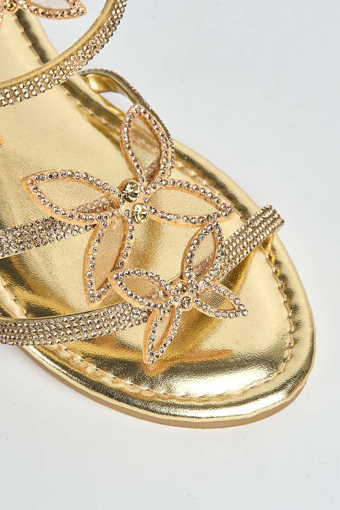 Sylphira Diamante Butterfly Wrap Around Flat Sandals in Gold - Image 5