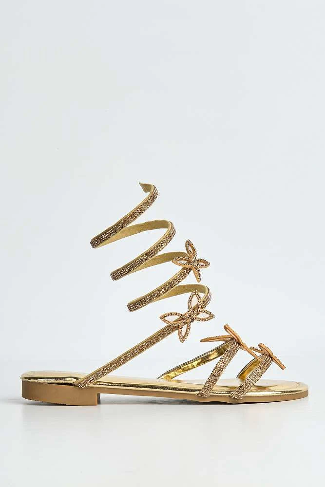 Sylphira Diamante Butterfly Wrap Around Flat Sandals in Gold - Image 6