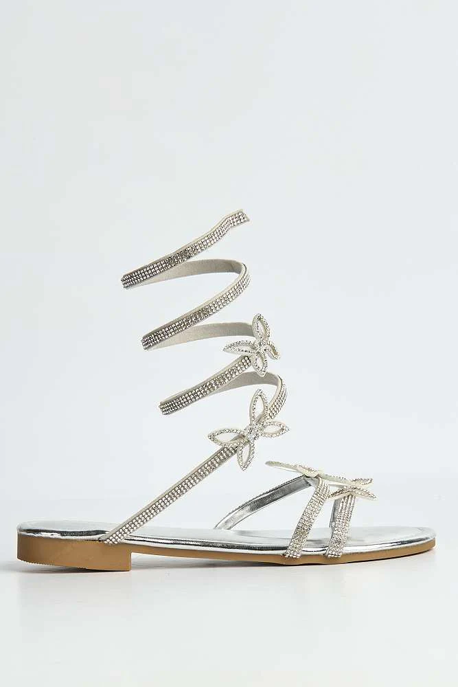 Sylphira Diamante Butterfly Wrap Around Flat Sandals in Silver - Image 6
