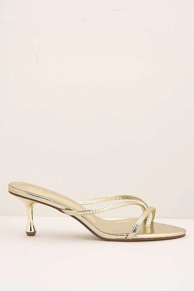 Sylvia Toepost Strappy Slip On Kitten Heel Mules in Gold - Image 6