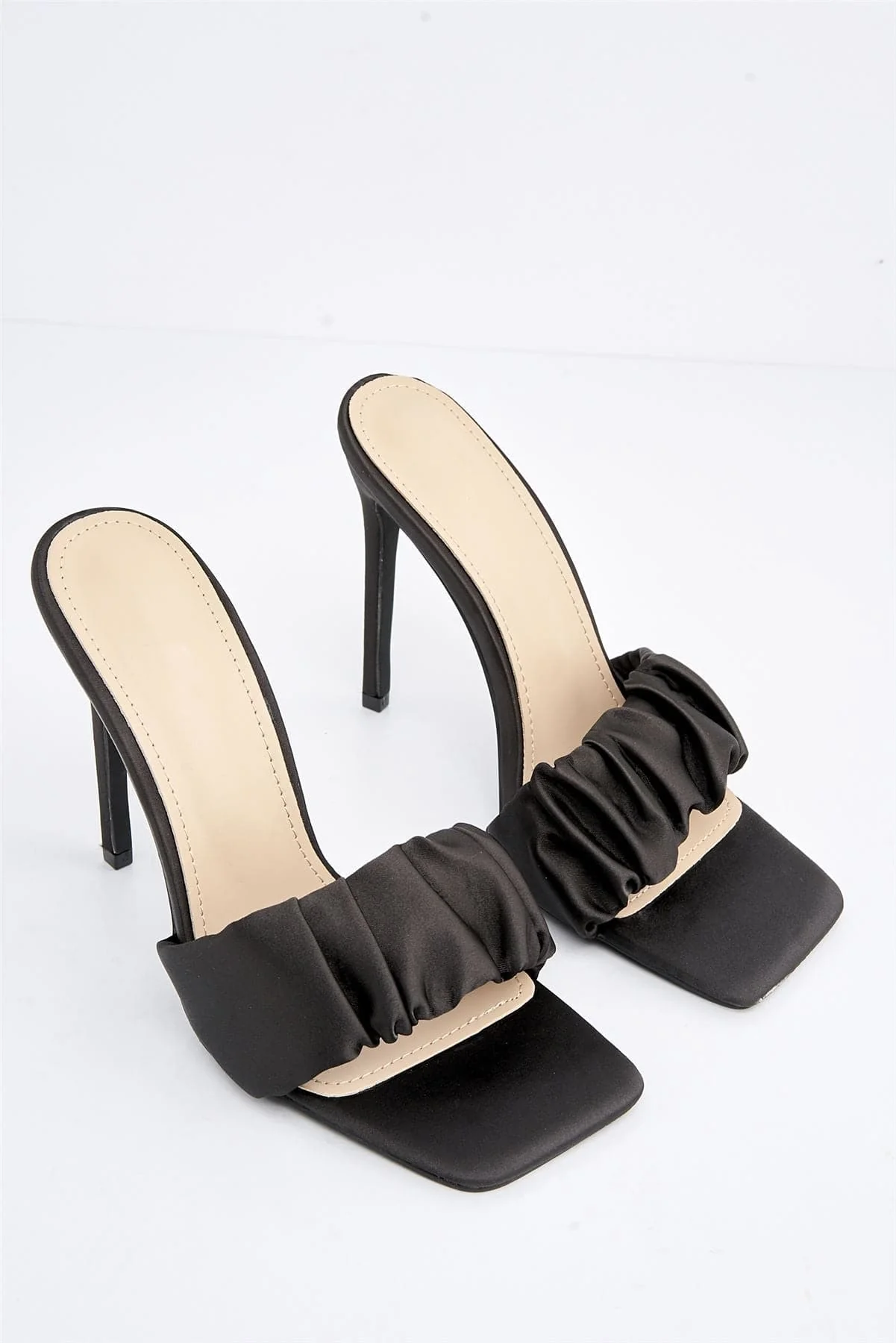 Martha Crinkled Band Heeled Mule in Black Satin - Image 4