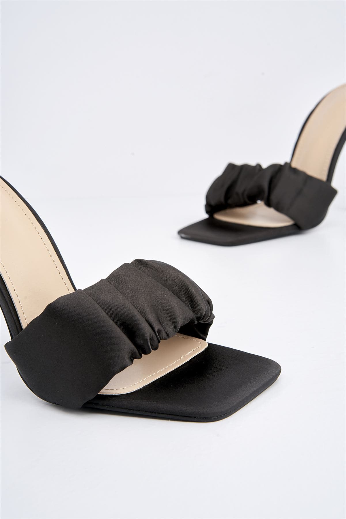Martha Crinkled Band Heeled Mule in Black Satin - Image 6