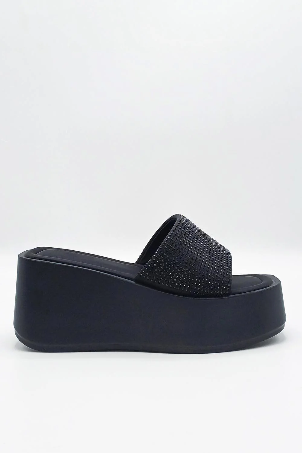 Tahiti Diamante Embellished Strap Wedge Mules in Black - Image 2
