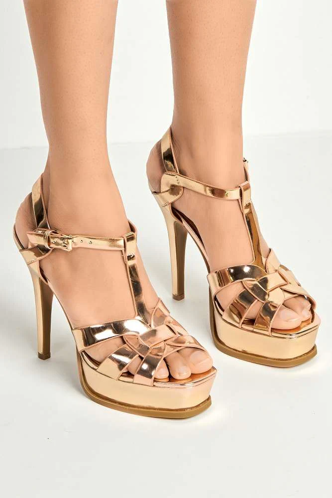 Tani High Platform T-Bar Sandals in Rose Gold Metalic - Image 3