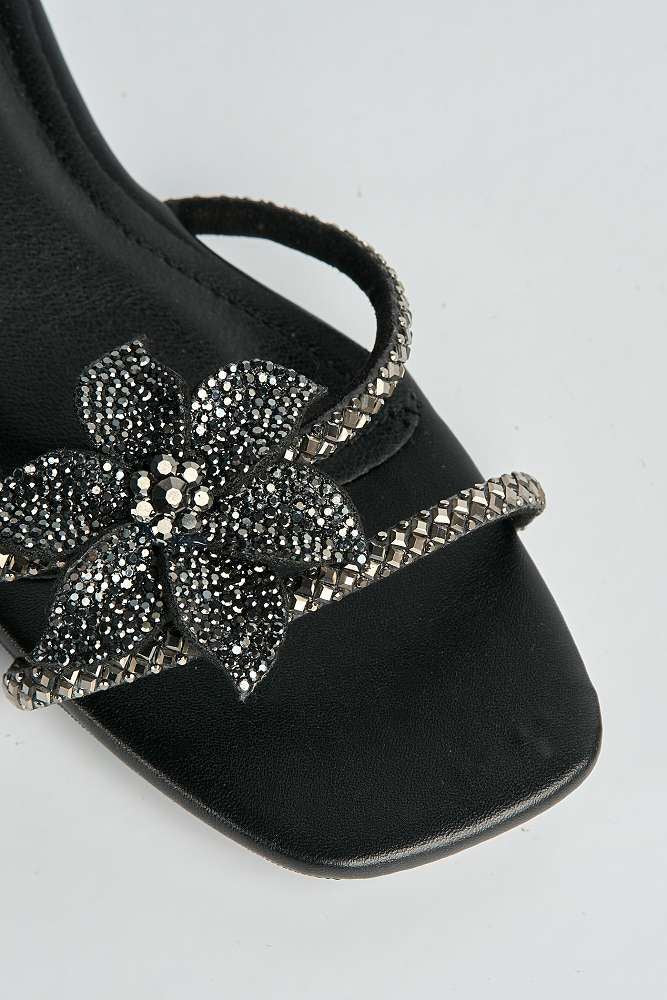 Tansel Diamante Flower Embellished Wrap Around Flat Sandals in Black - Image 5