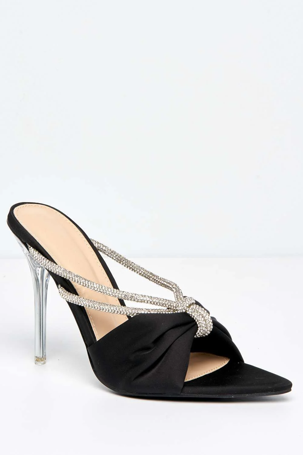 Tanulia Diamante Straps Perspex Stiletto Heel Pointed Toe Mules in Black - Image 4