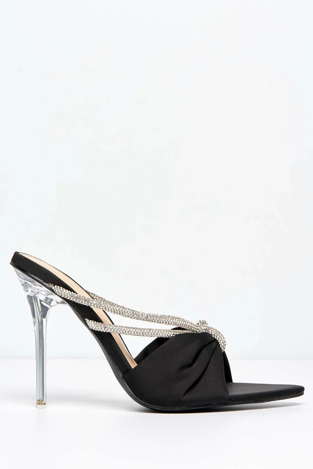 Tanulia Diamante Straps Perspex Stiletto Heel Pointed Toe Mules in Black - Image 5