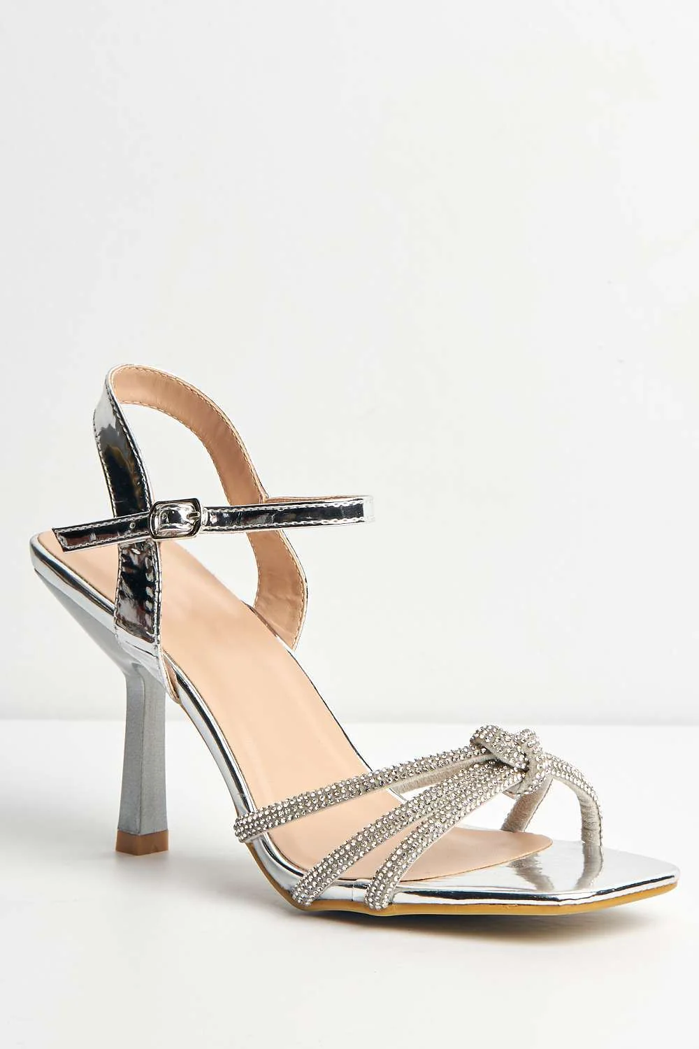 Tanzila Diamante Embellished Knot Detail Ankle Strap Heeled Sandals in Silver - Image 4