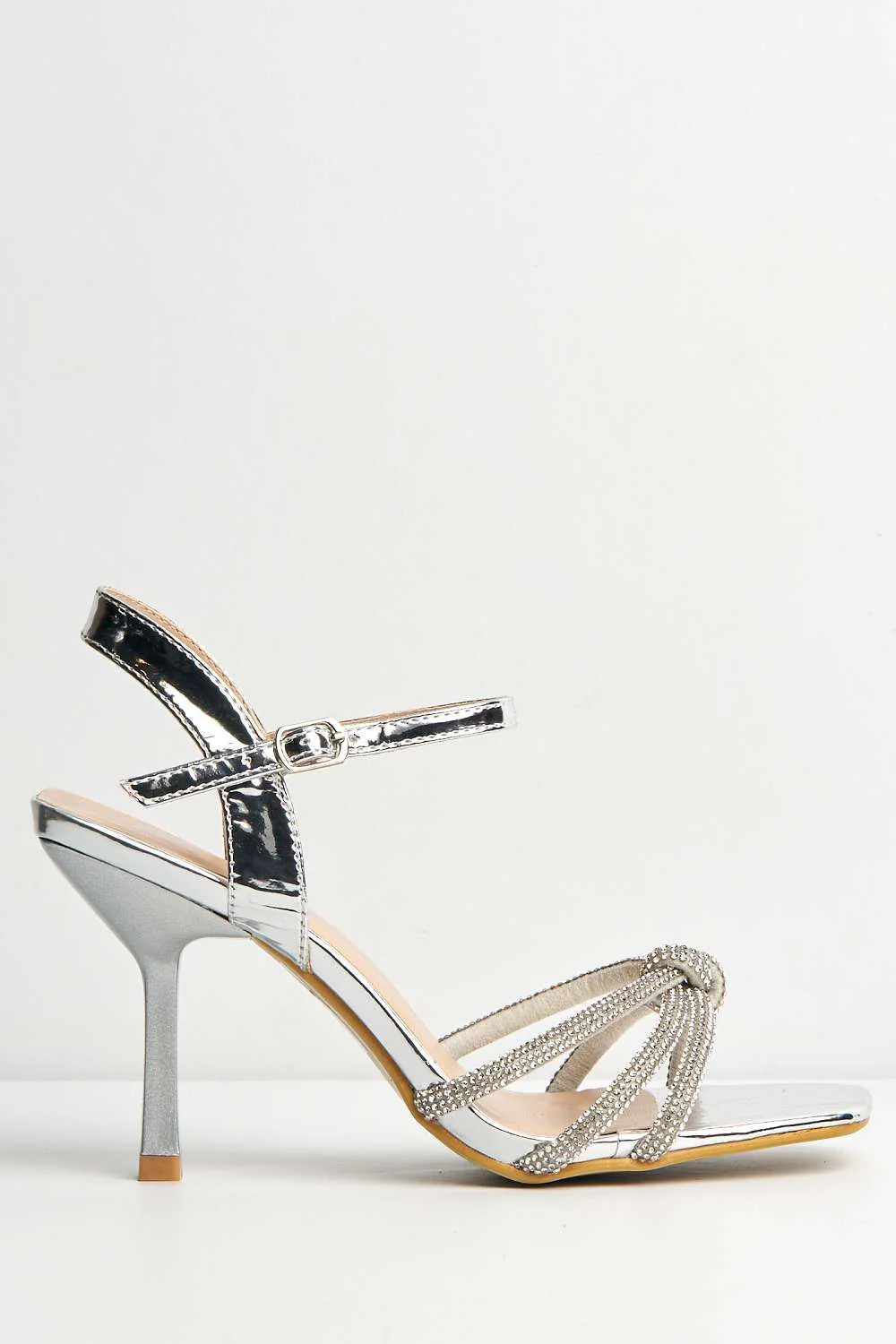 Tanzila Diamante Embellished Knot Detail Ankle Strap Heeled Sandals in Silver - Image 5