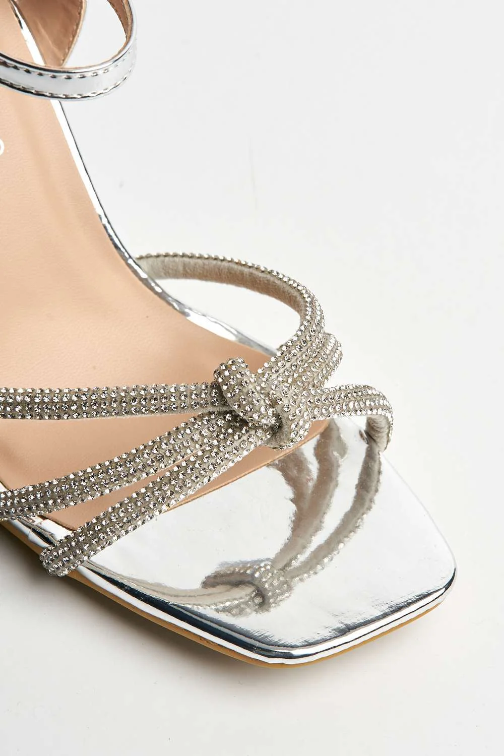 Tanzila Diamante Embellished Knot Detail Ankle Strap Heeled Sandals in Silver - Image 6