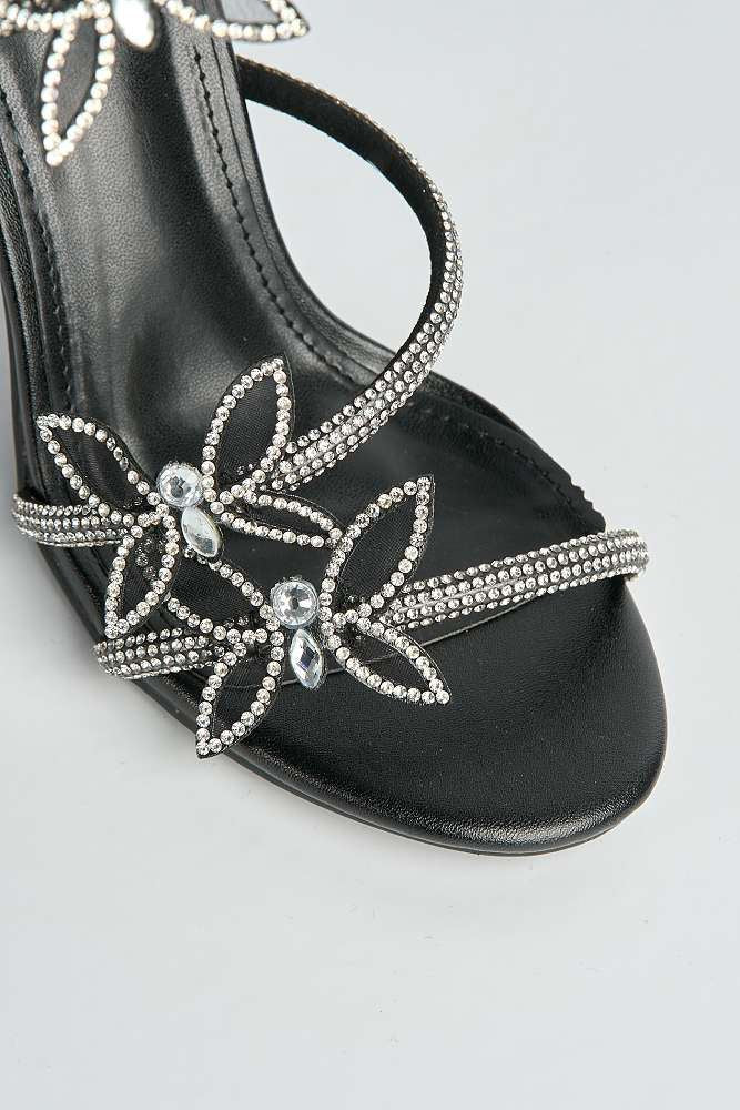 Tara Butterfly Detail Diamante Heeled Sandals in Black - Image 5