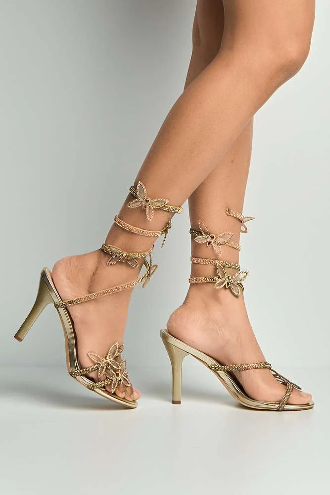 Tara Butterfly Detail Diamante Heeled Sandals in Gold - Image 3