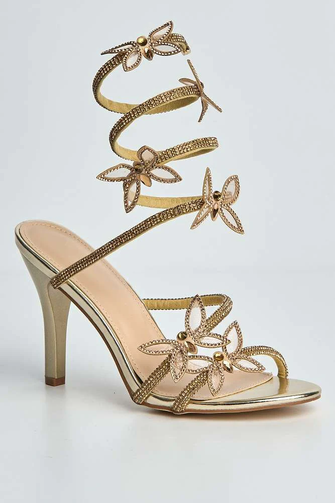 Tara Butterfly Detail Diamante Heeled Sandals in Gold - Image 4