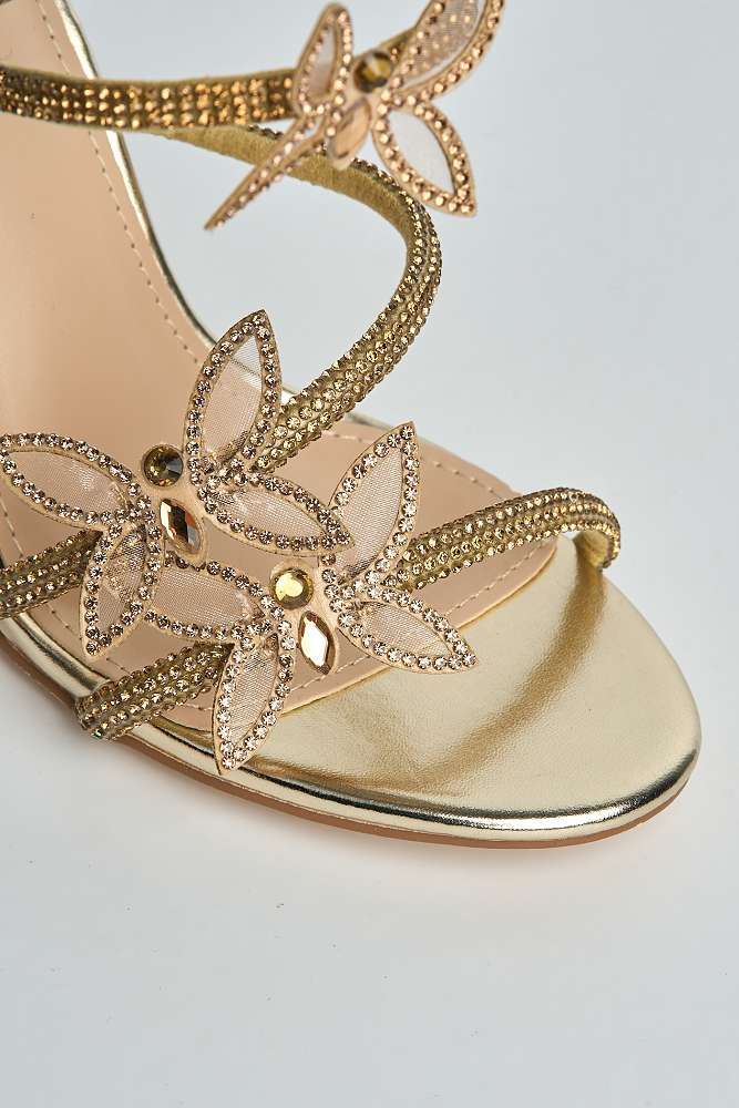 Tara Butterfly Detail Diamante Heeled Sandals in Gold - Image 5