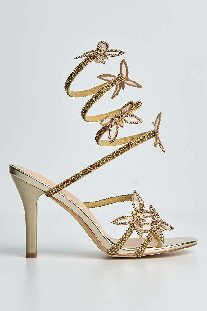 Tara Butterfly Detail Diamante Heeled Sandals in Gold - Image 6