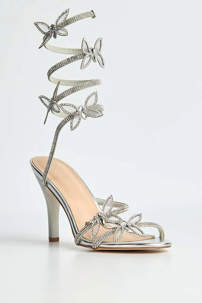 Tara Butterfly Detail Diamante Heeled Sandals in Silver - Image 4
