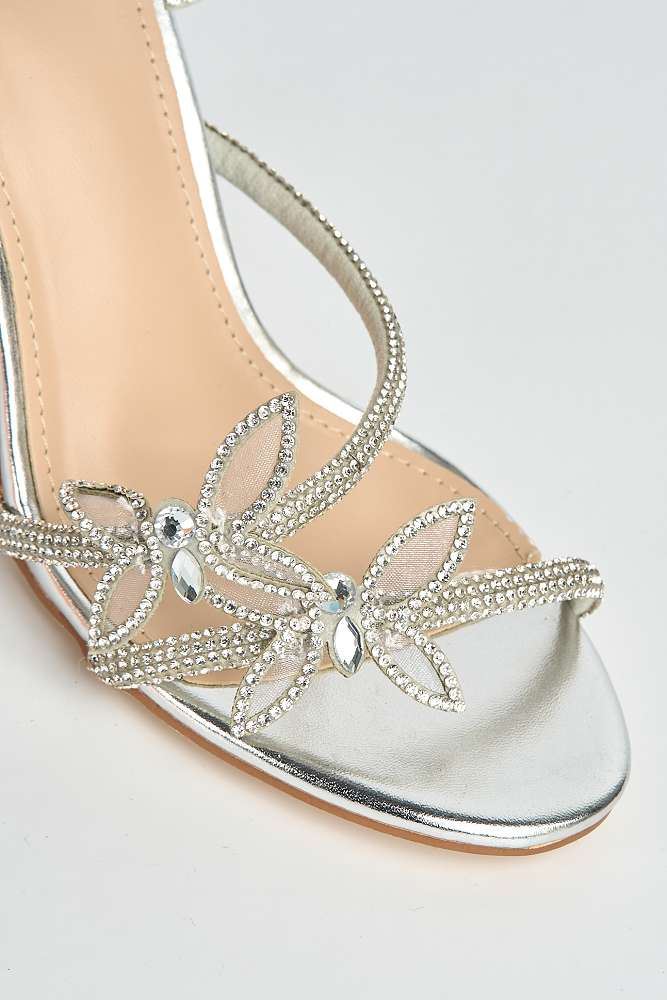 Tara Butterfly Detail Diamante Heeled Sandals in Silver - Image 5