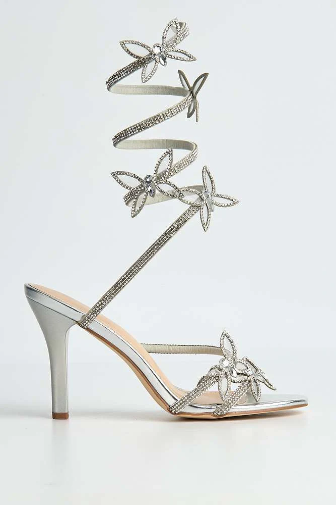 Tara Butterfly Detail Diamante Heeled Sandals in Silver - Image 6