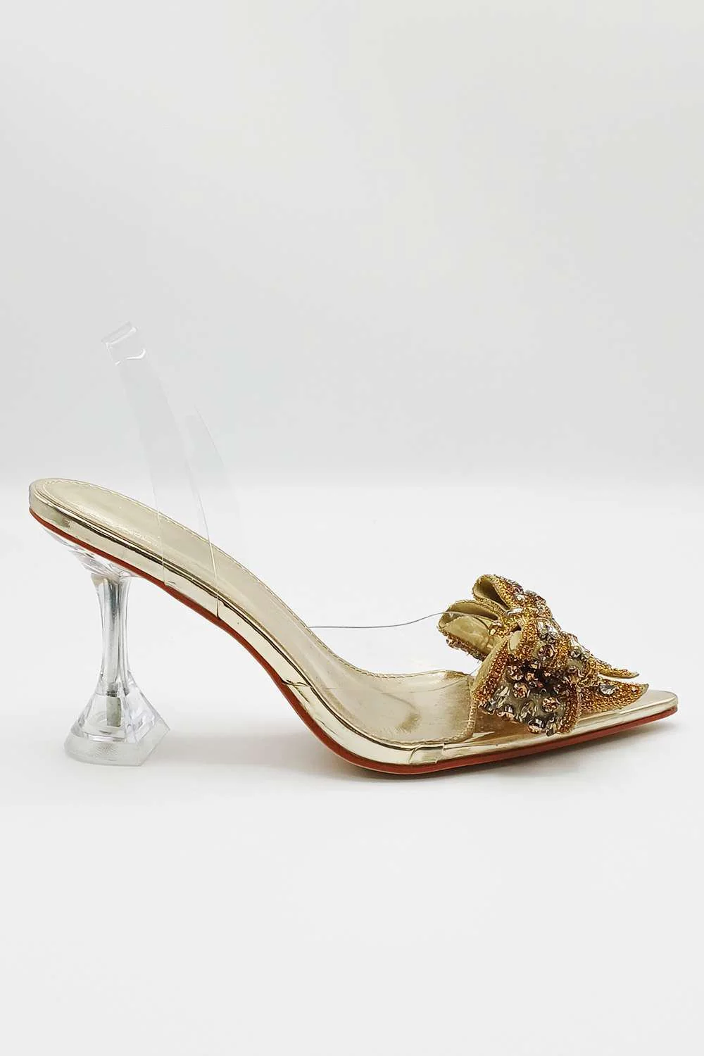 Tatiana Diamante Embellished Bow Detail Slingback Court Shoes in Gold - Image 4