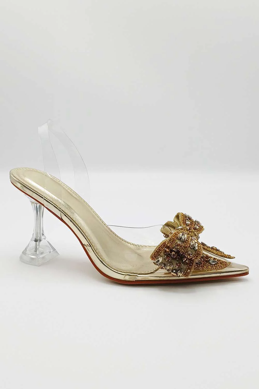Tatiana Diamante Embellished Bow Detail Slingback Court Shoes in Gold - Image 5