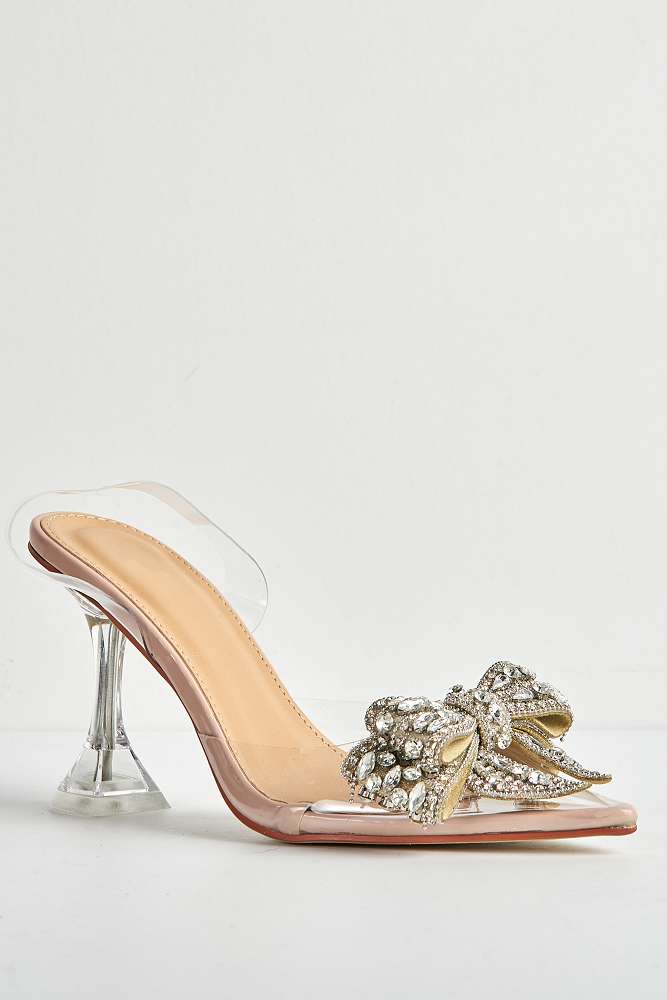 Tatiana Diamante Embellished Bow Detail Slingback Court Shoes in Nude - Image 4