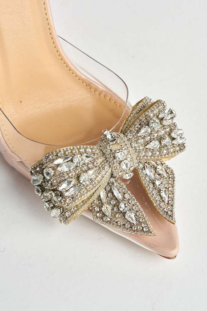 Tatiana Diamante Embellished Bow Detail Slingback Court Shoes in Nude - Image 5