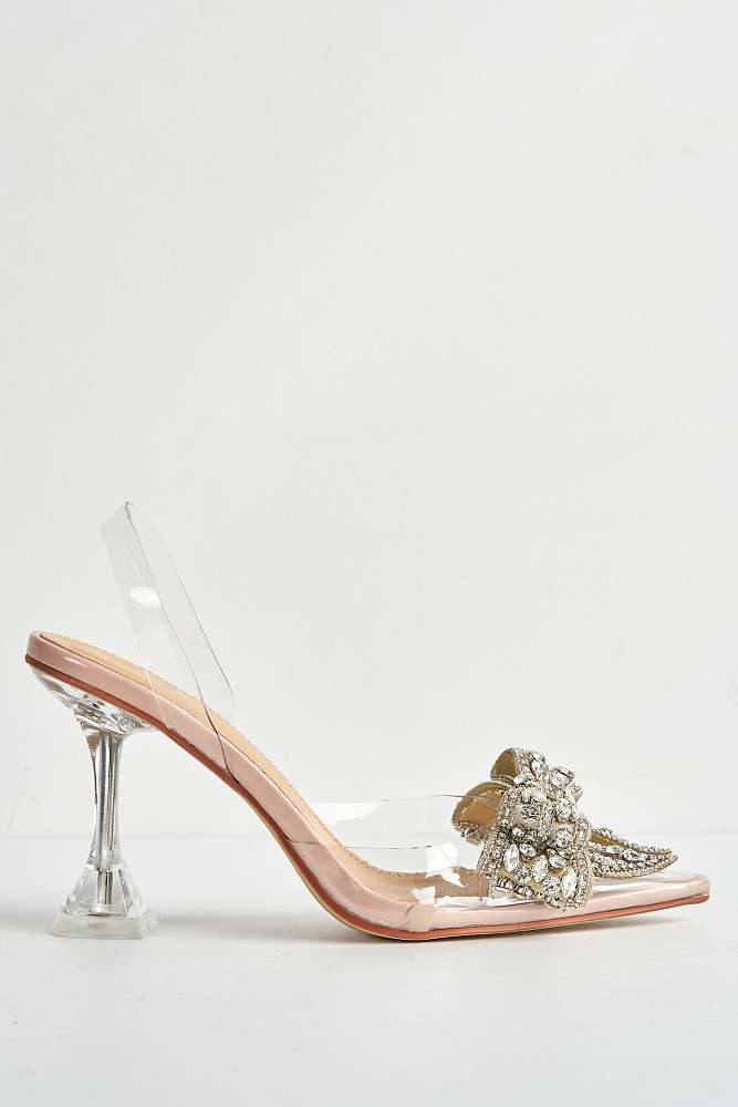 Tatiana Diamante Embellished Bow Detail Slingback Court Shoes in Nude - Image 6