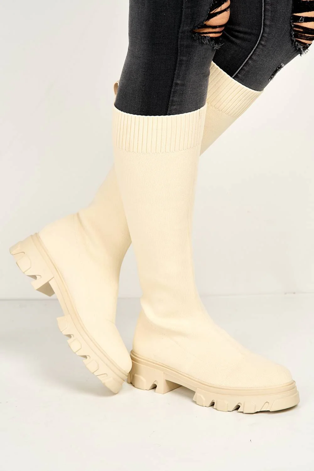 Teega Knee High Knit Fabric Boots with Chunky Sole in Beige - Image 2