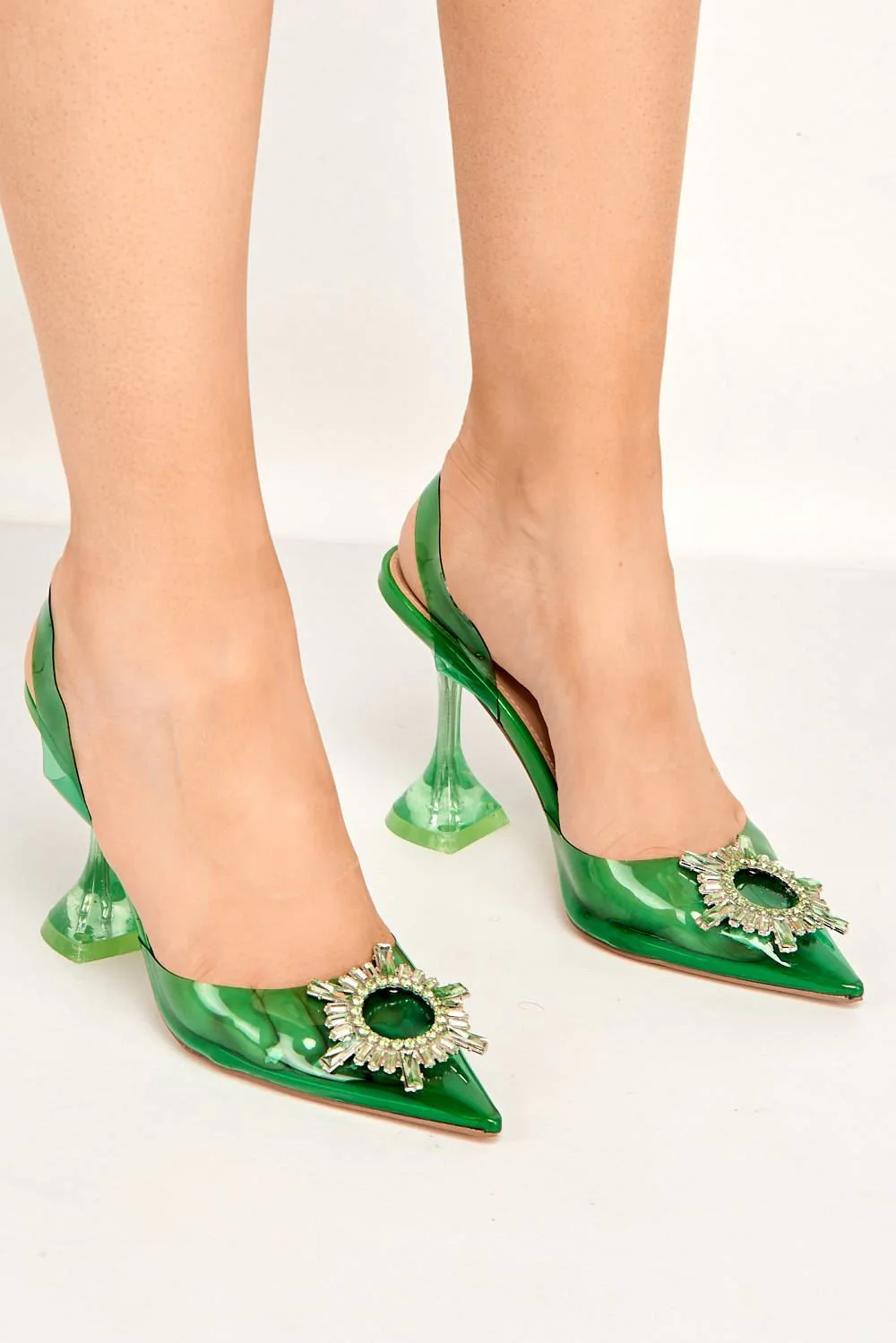 Teela Diamante Brooch Pointed Toe Court Shoes in Green - Image 2