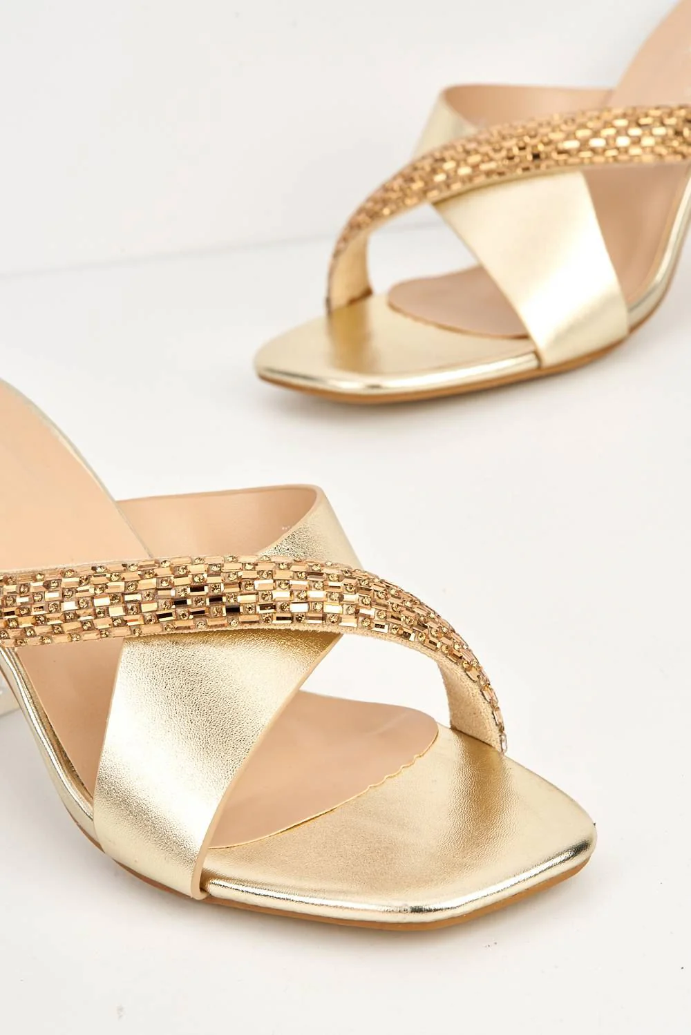 Tesoro Diamante Embellished Perspex Block Heel Mules in Gold - Image 5