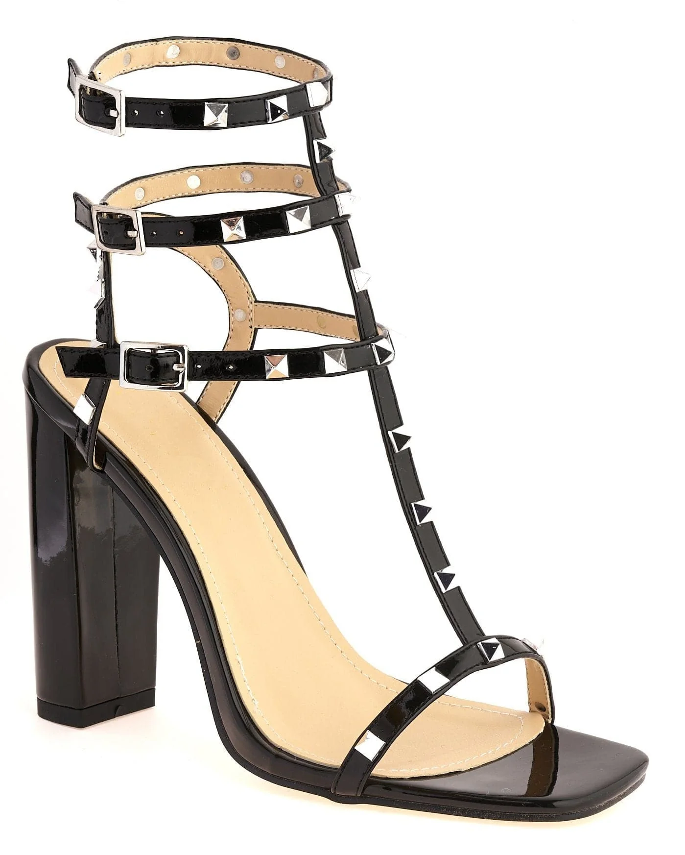 Tessa Studded Strappy High Block Heel Sandal in Black Patent - Image 6