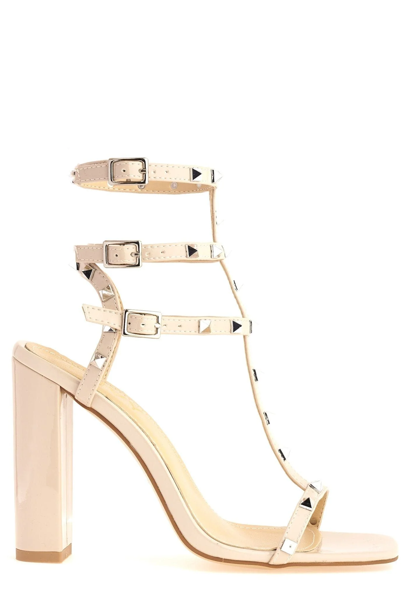 Tessa Studded Strappy High Block Heel Sandal in Nude Patent - Image 4