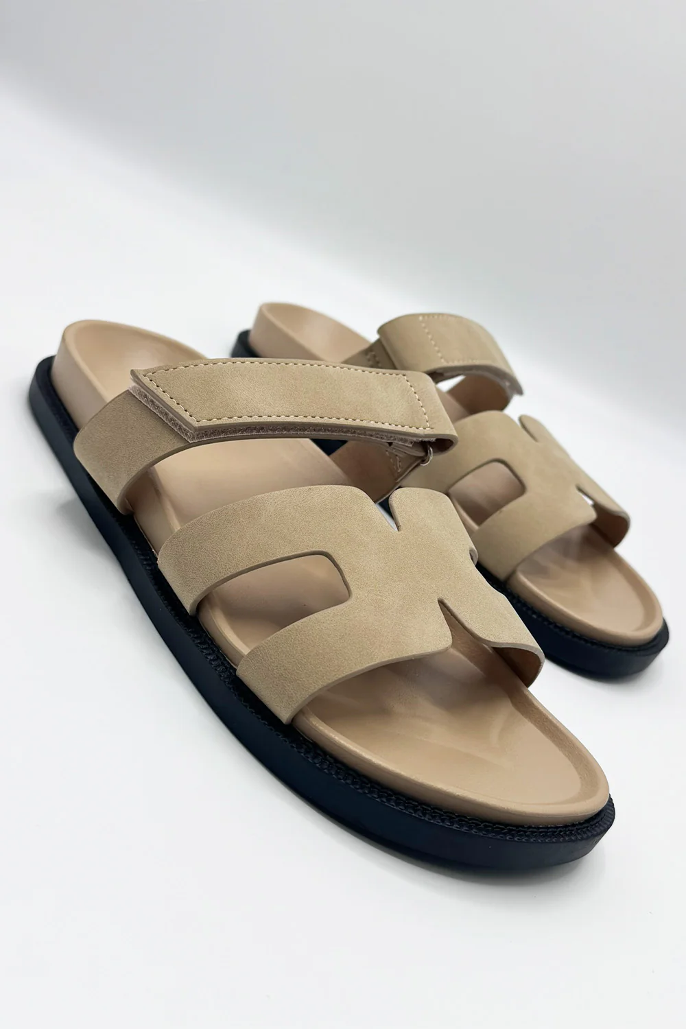 Thalia H Shaped Velcro Strap Flat Slider in Beige - Image 2
