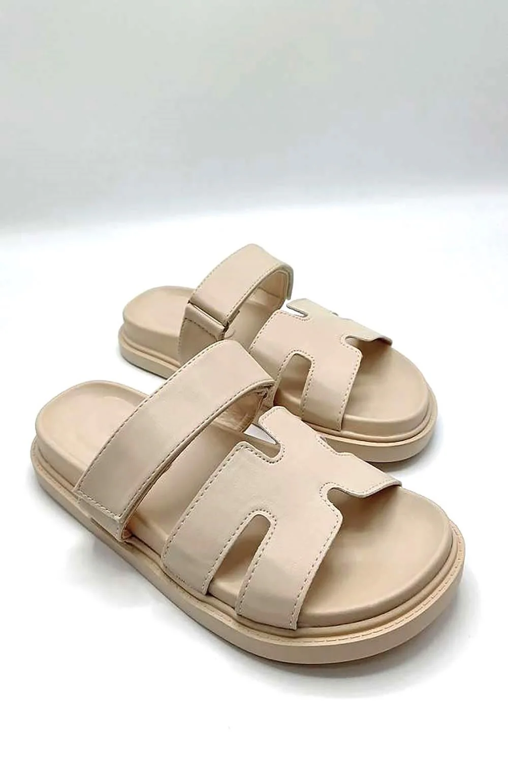 Thalia H Shaped Velcro Strap Flat Slider in Nude Matt - Image 3
