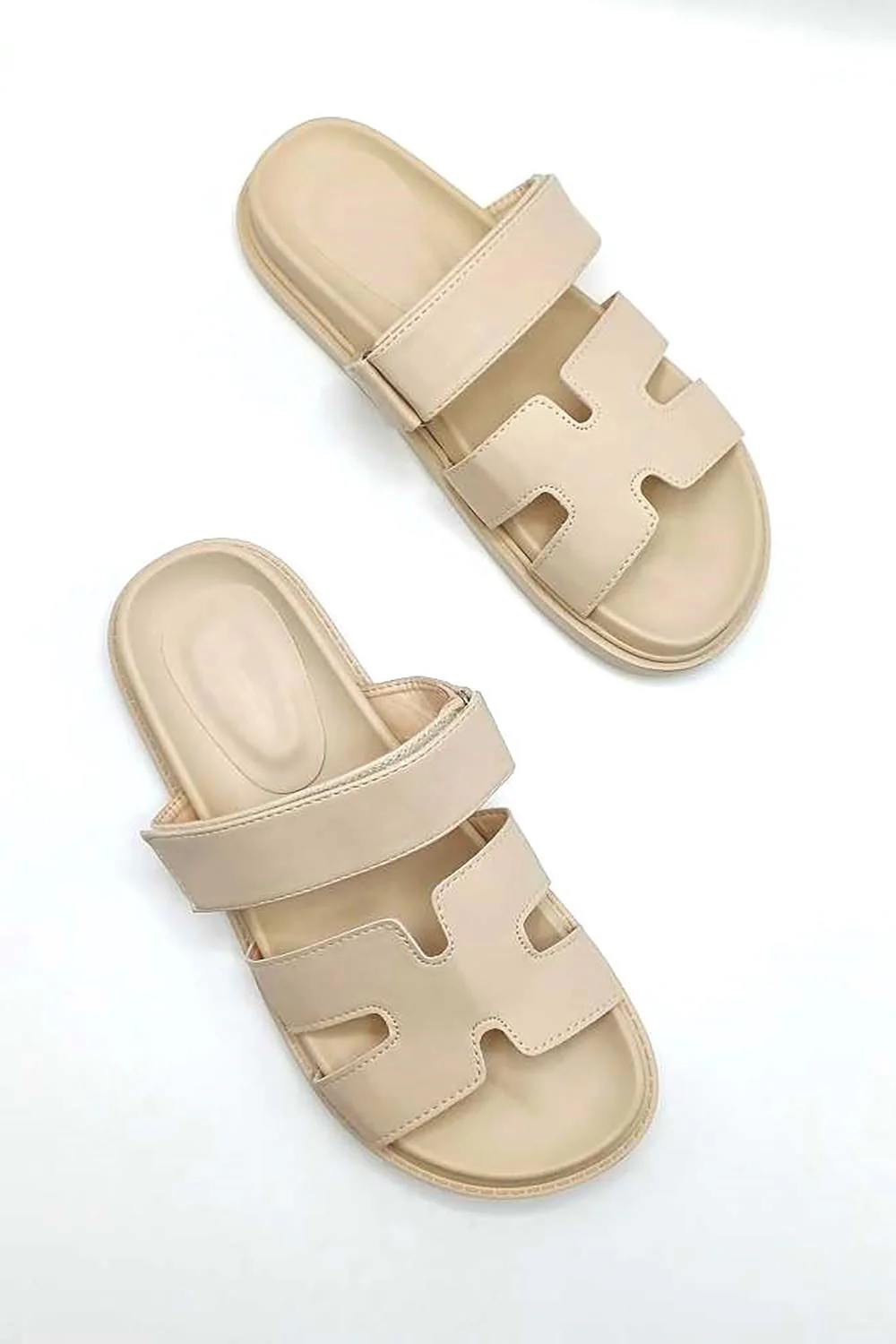 Thalia H Shaped Velcro Strap Flat Slider in Nude Matt - Image 6