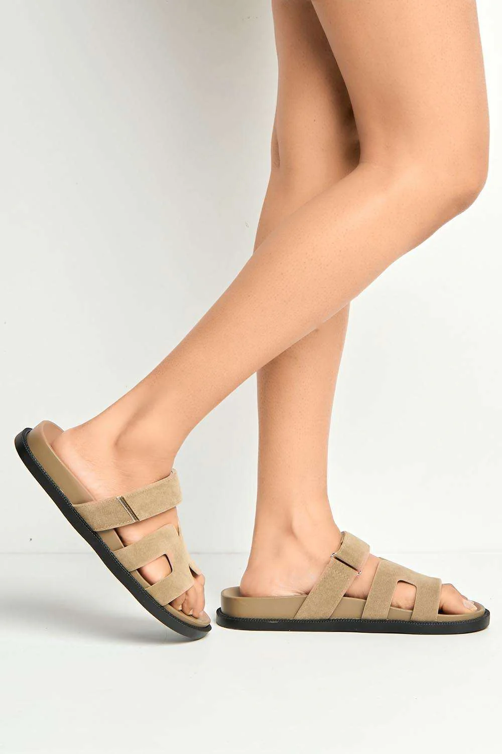 Thalia H Shaped Velcro Strap Flat Slider in Taupe