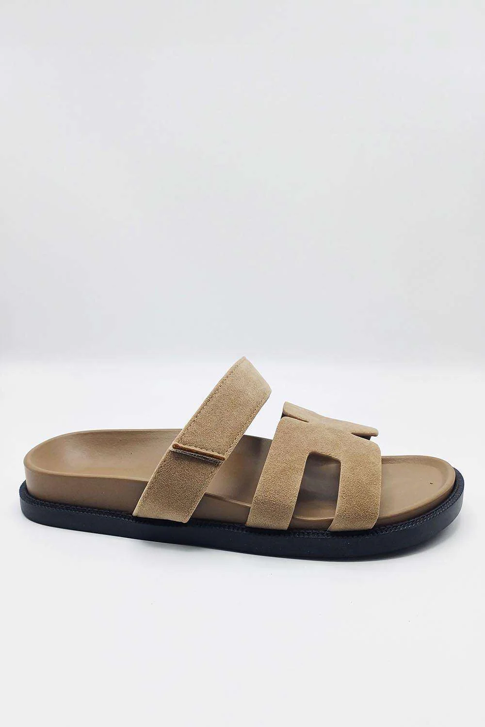 Thalia H Shaped Velcro Strap Flat Slider in Taupe - Image 4
