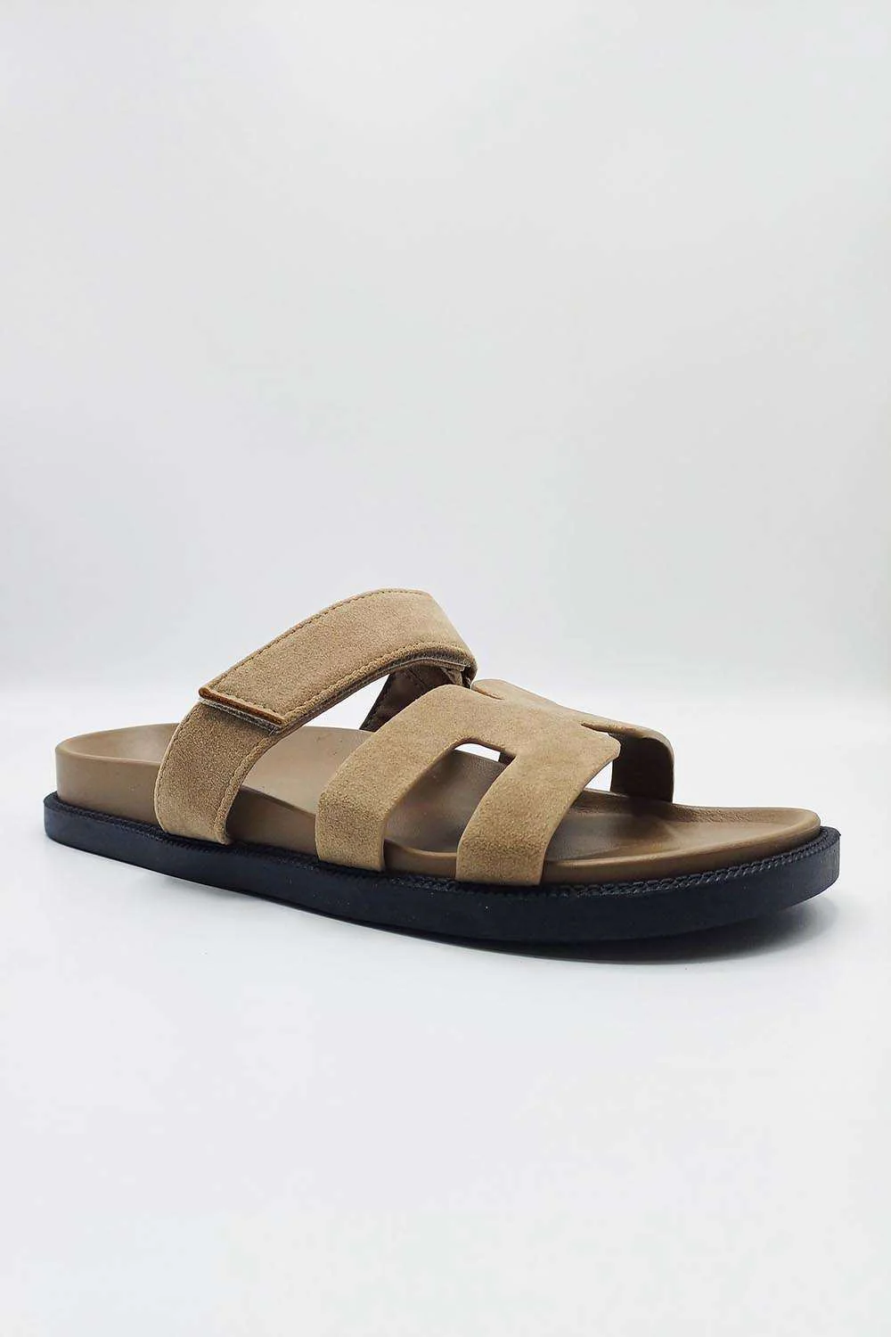 Thalia H Shaped Velcro Strap Flat Slider in Taupe - Image 5