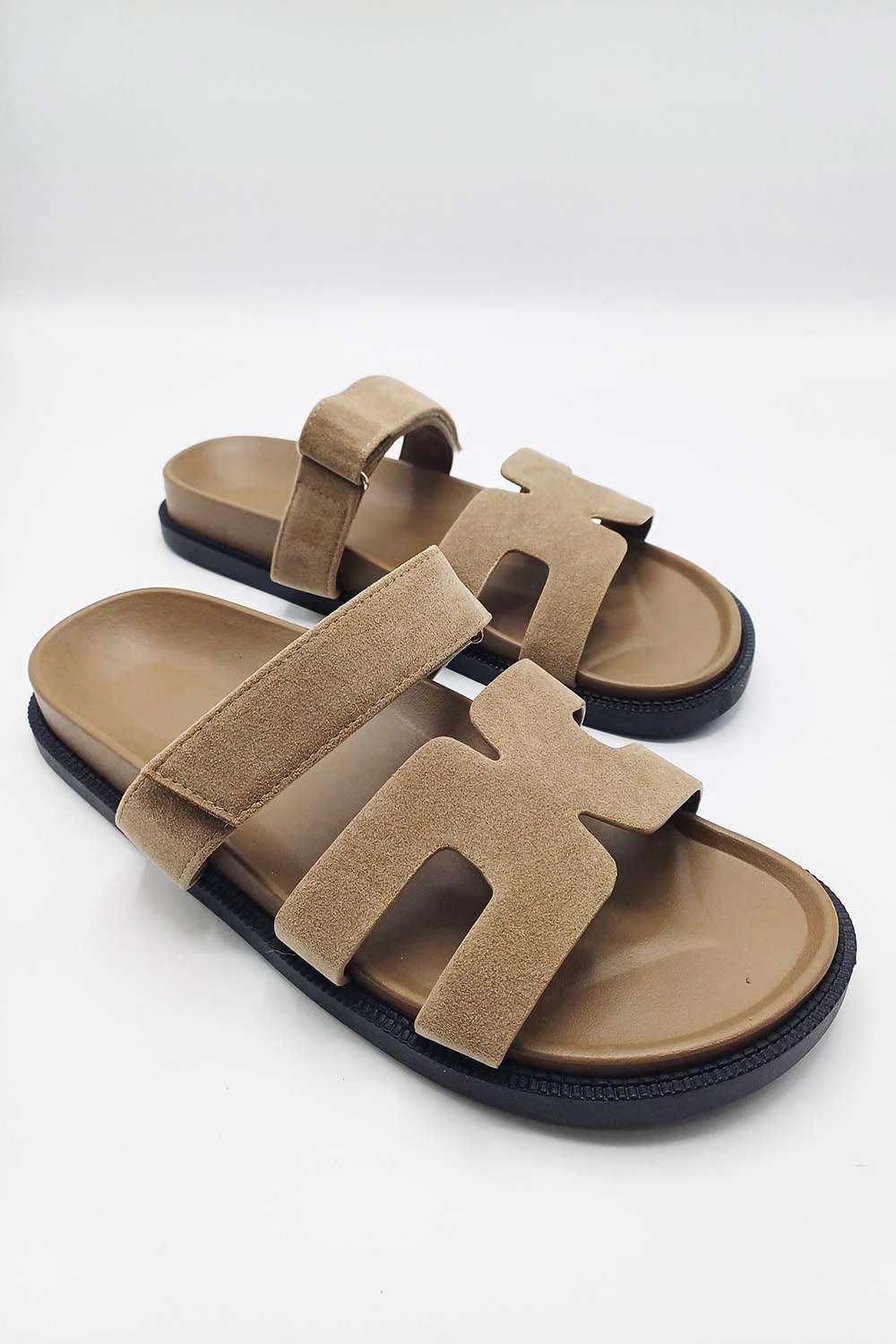 Thalia H Shaped Velcro Strap Flat Slider in Taupe - Image 6